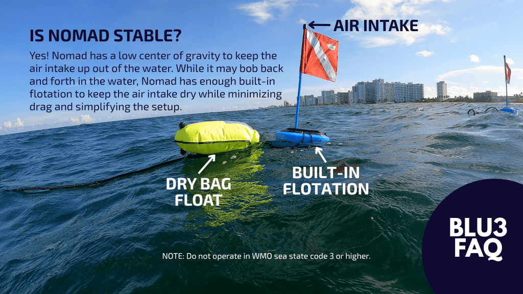 Is Nomad dive system stable in the water? a floating dive system is in the ocean in waves with a dive flag and a yellow float next to it as it tows behind a diver pumping air from the surface to the user underwater