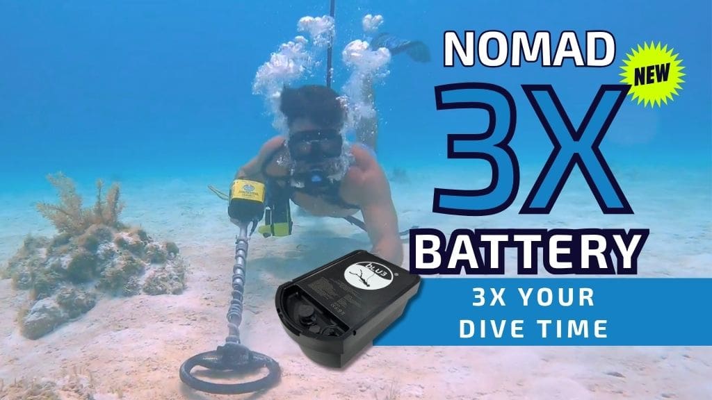 Banner announcing the Nomad 3X Battery with diver underwater and product image showing extended runtime upgrade for BLU3 Nomad dive systems.