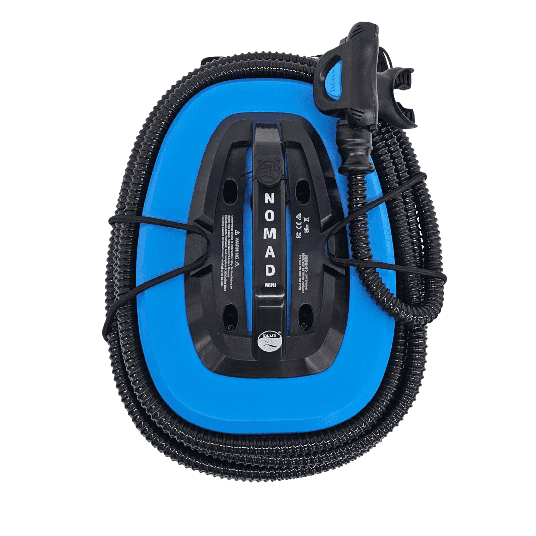 nomad-mini-compressor Nomad Mini compressor designed for deeper dives with higher pressure and flow rates. The foam shell ensures the unit is unsinkable, and it can be used with the Dry Bag Float or the Floatation Tube for added buoyancy, stability, and visibility.