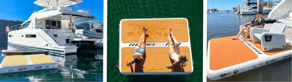 Inflatable-POPup-Dock-Yachting-Boating-Diving Three images showcasing the Inflatable POPup Dock used for yachting, lounging, and relaxing at a marina.