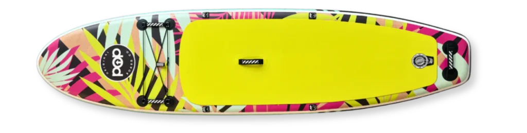 10-6-royal-hawaiian-palm-top-view Top view of the 10'6 Royal Hawaiian Palm inflatable paddle board featuring a bright yellow non-slip traction pad and vibrant tropical palm design.