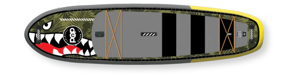 11-6-El-Capitan-Bomber-top-view Top view of the 11'6 El Capitan Bomber paddle board showcasing a military-inspired design with shark teeth graphics, bungee storage, and a non-slip traction pad