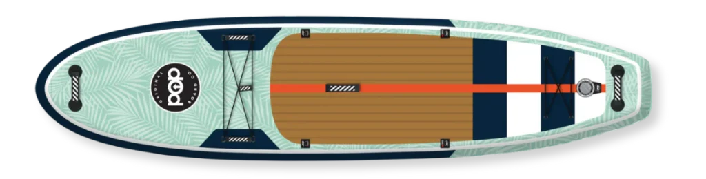 popboard-110-yacht-hopper-top-view Top view of the PopBoard 11'0" Yacht Hopper Paddleboard in Mint, Teak, and Blue