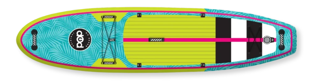 popboard-110-yacht-hopper-turq-neon-pink-top-view Top view of the PopBoard 11'0" Yacht Hopper Paddleboard in Turquoise, Neon, and Pink