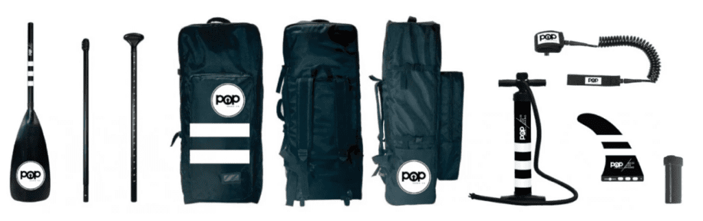 popboard-accessories-kit-inflatable-paddle-board POP Board Co. inflatable paddle board accessories kit featuring a collapsible paddle, wheeled carrying bag, dual-action pump, coiled leash, universal fin, and repair kit.