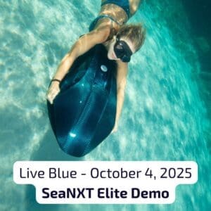 Woman underwater riding a SeaNXT Elite carbon fiber sea scooter during Live Blue demo event, October 4, 2025.