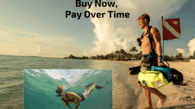 A diver carrying a BLU3 Nomad floating air compressor walks along the beach at sunset with dive flag and gear, while an underwater inset shows a diver using the Nomad system. Affirm logo appears above with text “Buy Now, Pay Over Time.” Caption reads “Subject to eligibility. See lending terms at affirm.com/disclosures.”