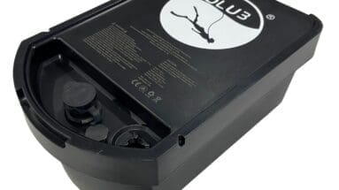 BLU3 Nomad 3X Battery shown separately, featuring black housing with BLU3 logo for extended dive runtime.