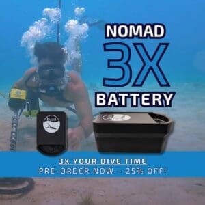 Graphic showing diver using BLU3 Nomad promoting the Nomad 3X Battery for extended run time with text stating "Pre-order now."