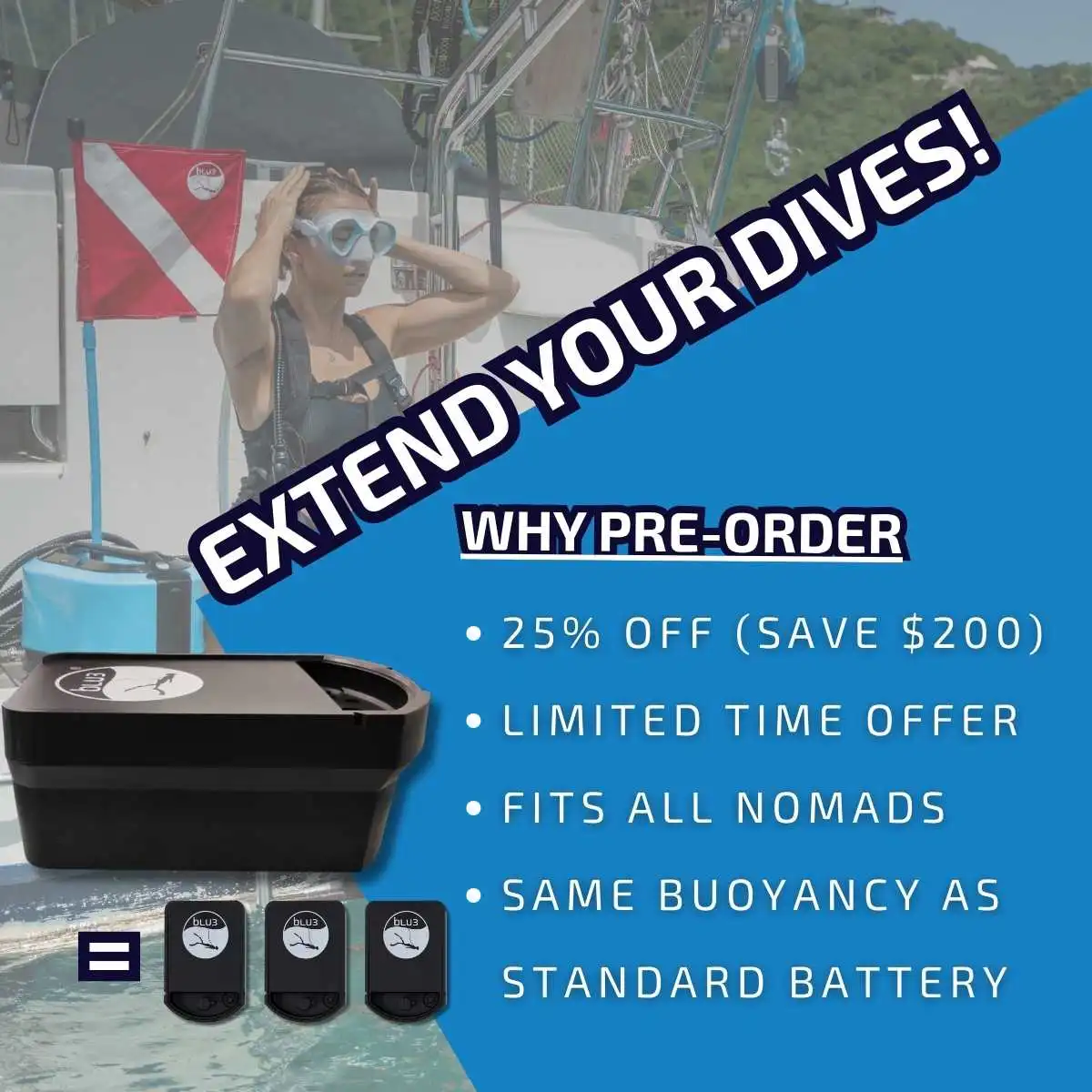 Nomad 3X Battery Pre Order Page Graphic Why Preorder 2 Graphic describing the preorder for the Nomad 3X Battery to triple run time with the Nomad dive system.