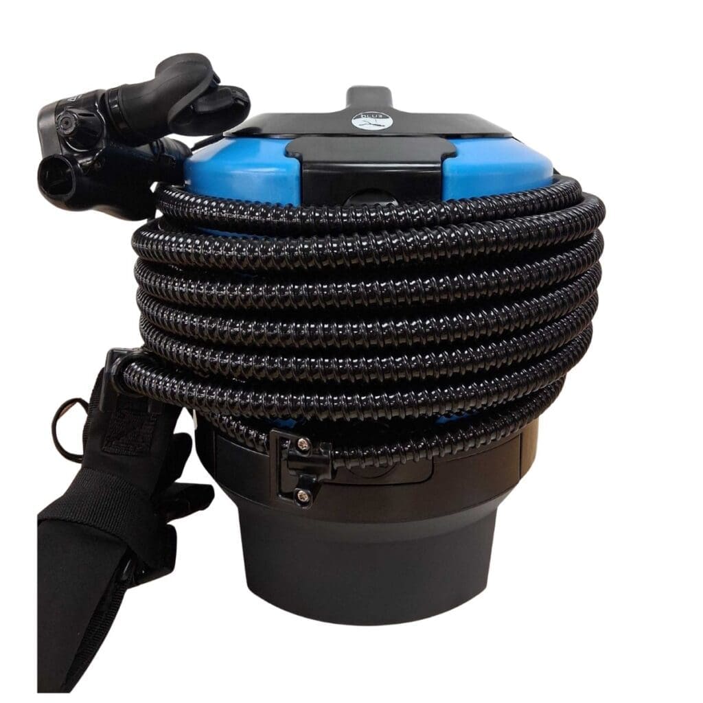 Rear view of BLU3 Nomad dive system equipped with Nomad 3X Battery, hose neatly wrapped for compact transport.